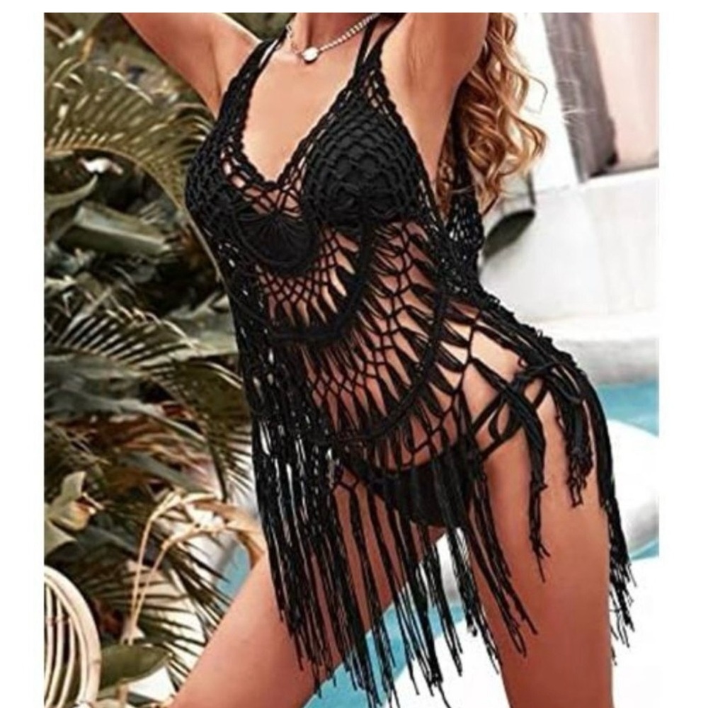 Chic Black Fringe Crochet Swim Cover-Up S/M NWOT